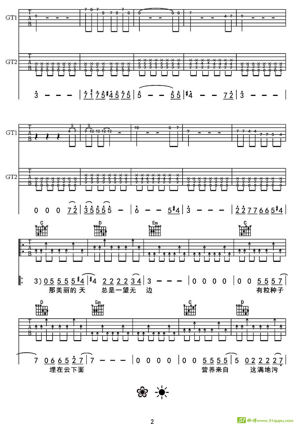 向阳花（谢天笑词曲、张铁东编配）吉他谱