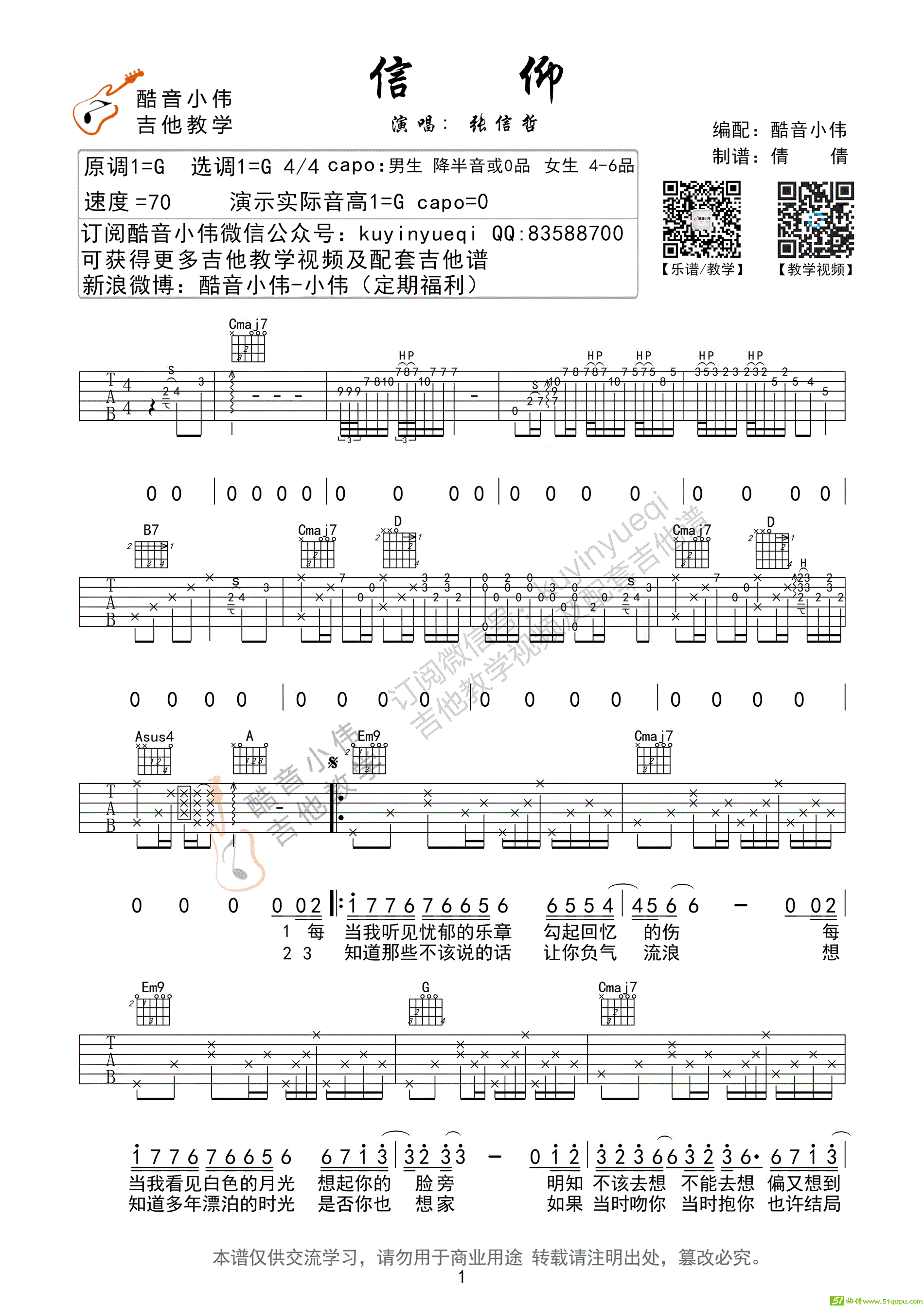 信仰张信哲（超原版G调酷音小伟编谱）吉他谱