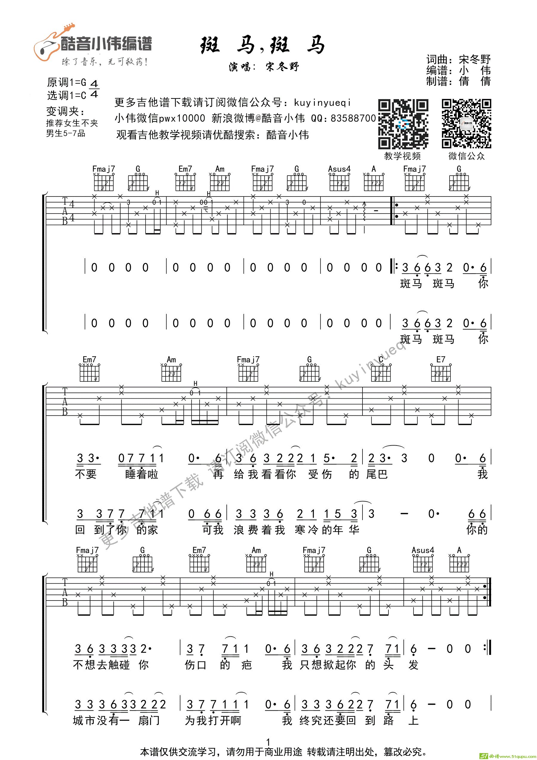 《斑马，斑马》C调带前奏间奏[超好听&简单弹]酷音小伟编谱（酷音小伟