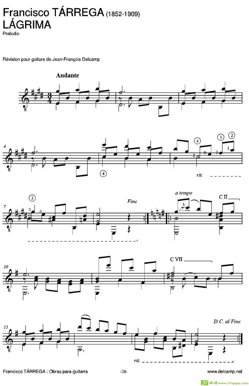 LAGRIMA（古典吉他）吉他谱