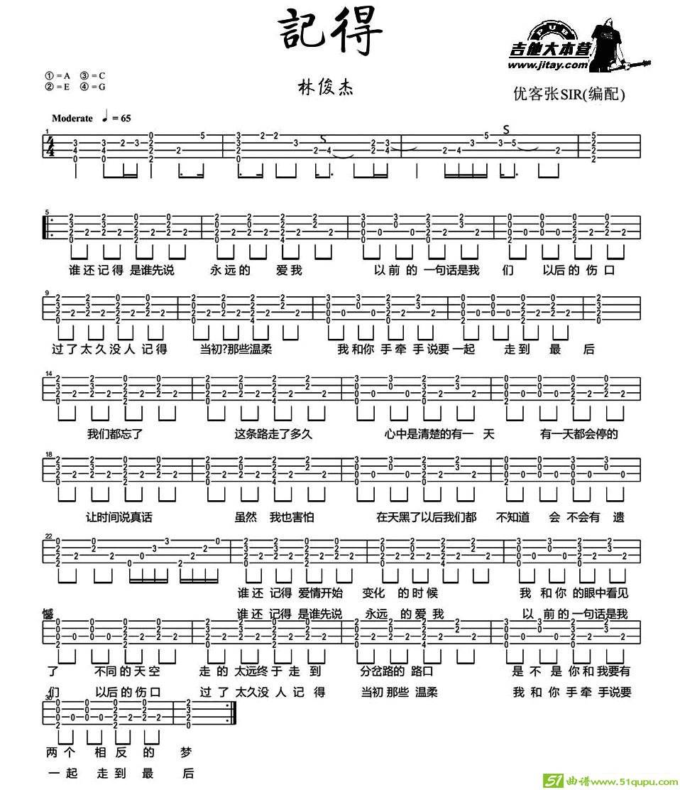记得吉他曲谱(林俊杰演唱)