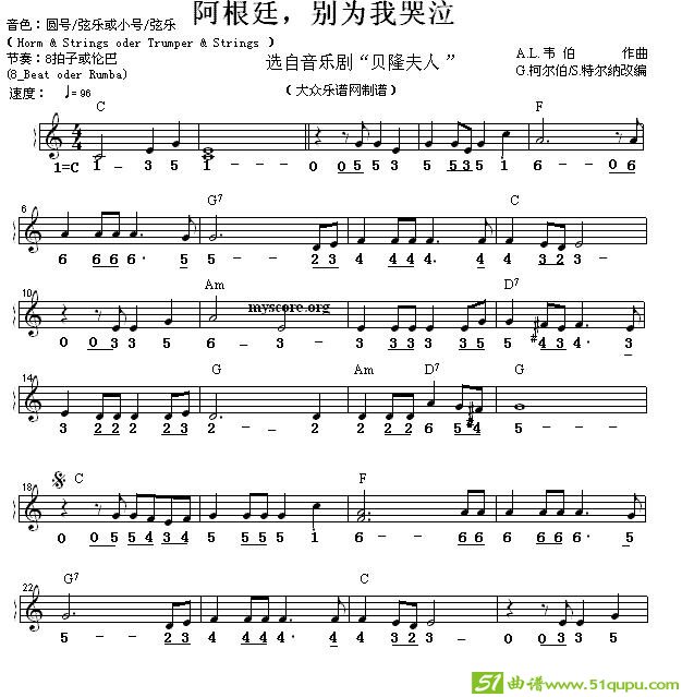 阿根廷，别为我哭泣电子琴谱