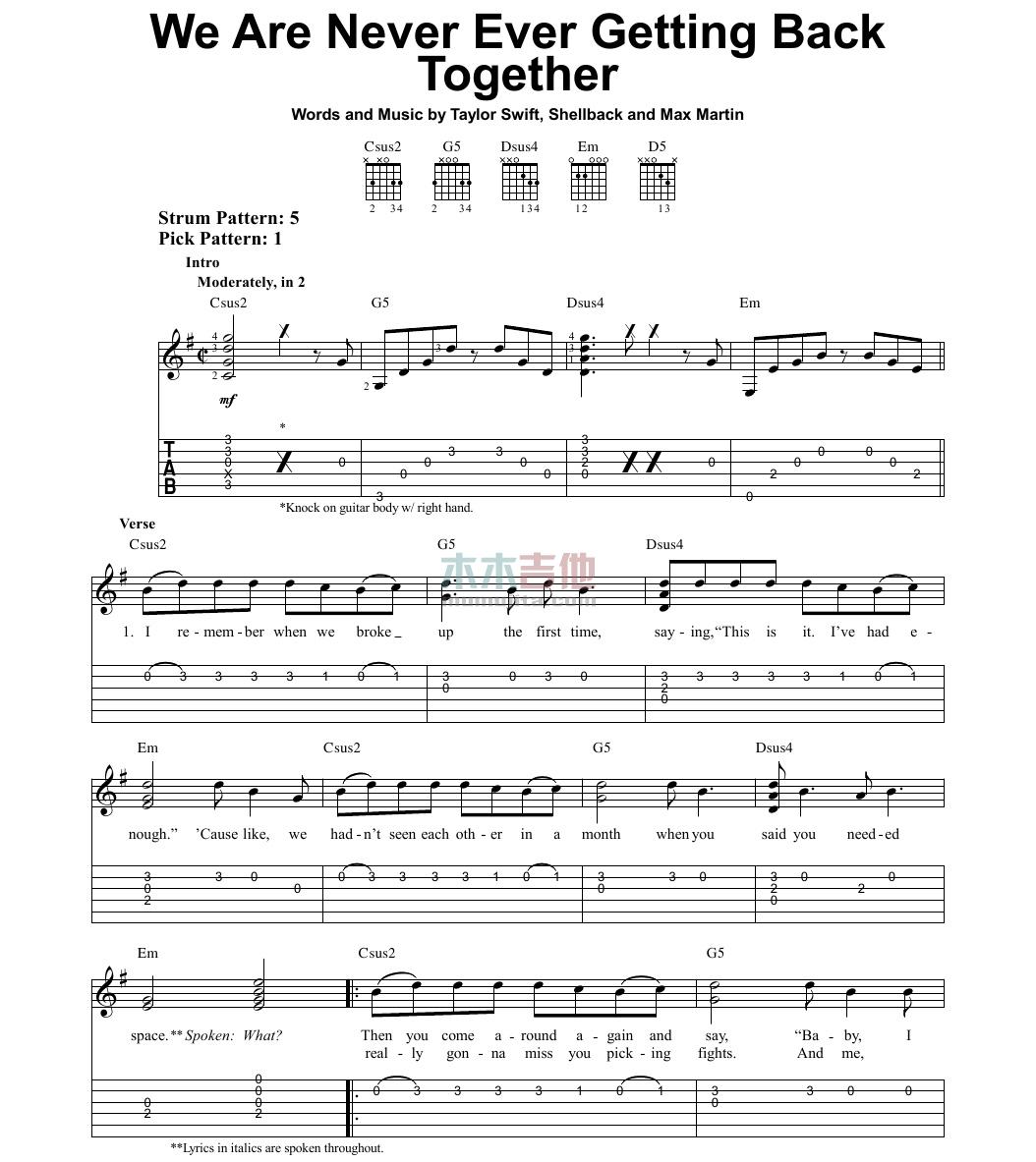 We Are Never Ever Getting Back Together(吉他谱)