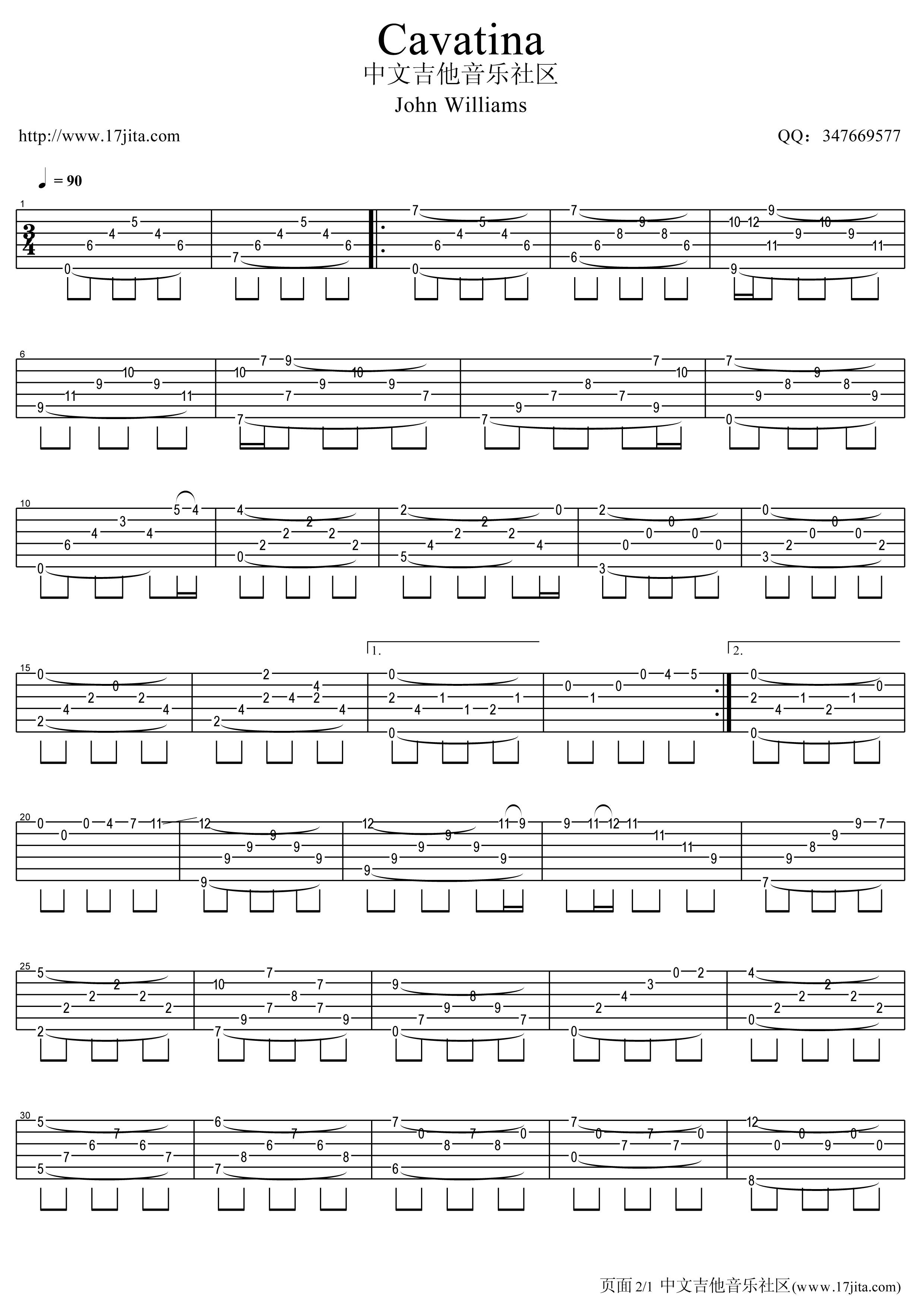 古典吉他名曲 卡伐蒂娜吉他谱(Cavatina)