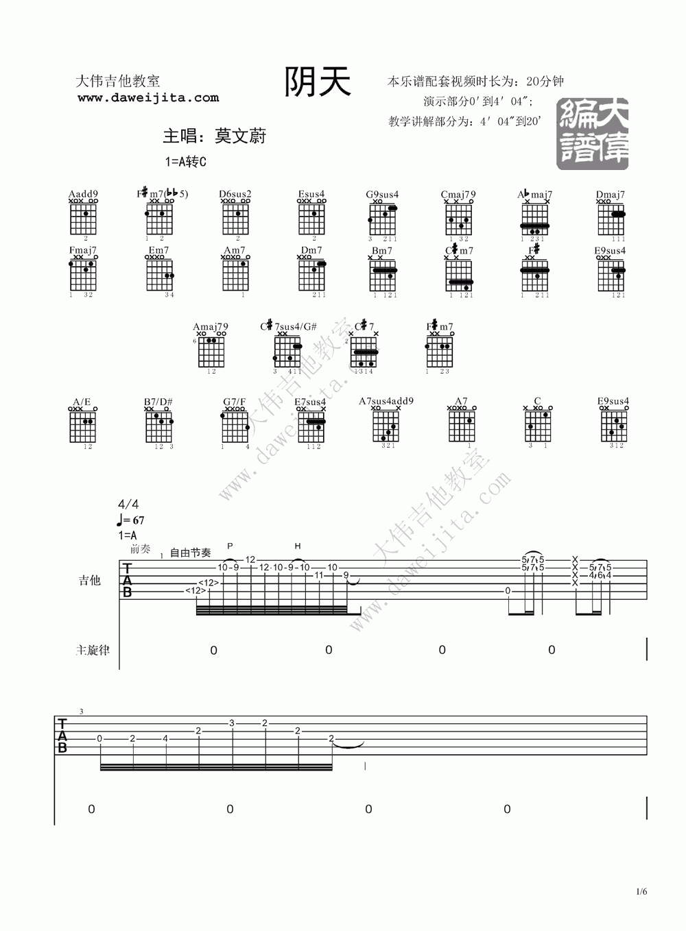 莫文蔚《阴天》吉他谱 大伟吉他版