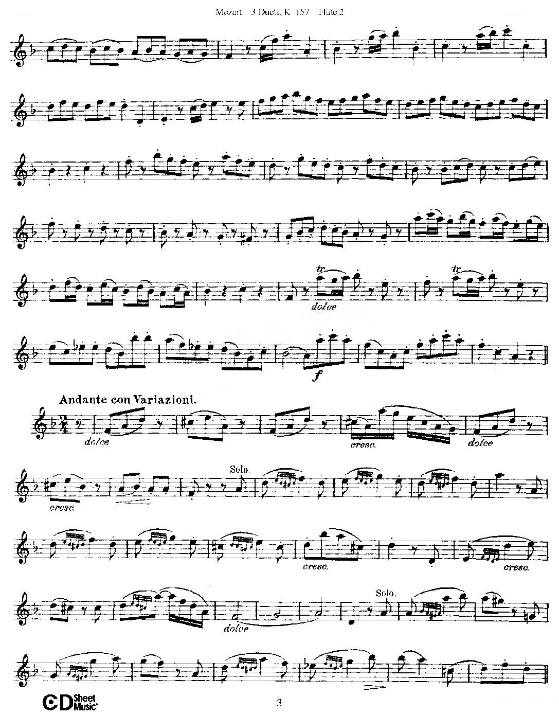 3 Duets K.157 之第二长笛（二重奏三首 K157号） 铜管乐谱