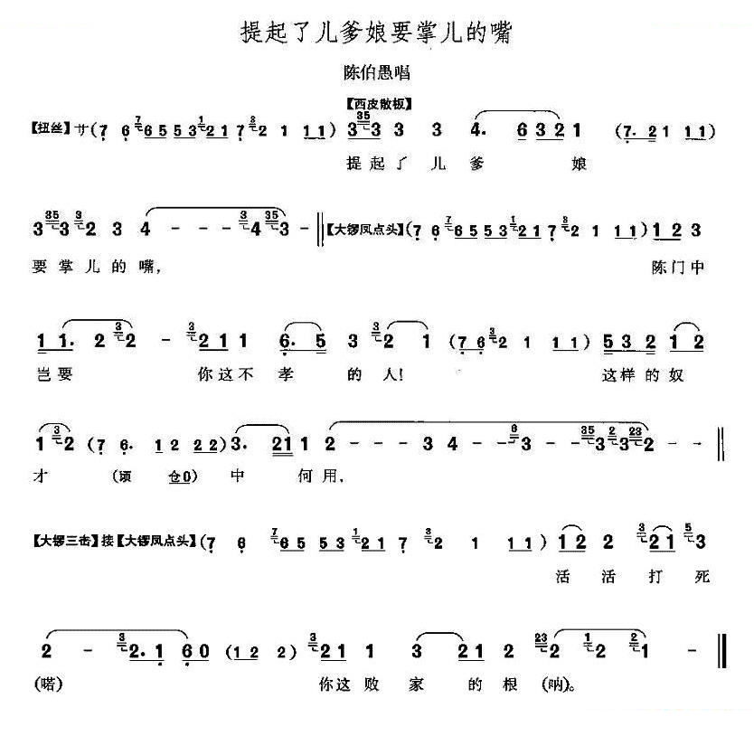 提起了儿爹娘要掌儿的嘴（打侄上坟陈伯愚唱段） 其他唱谱
