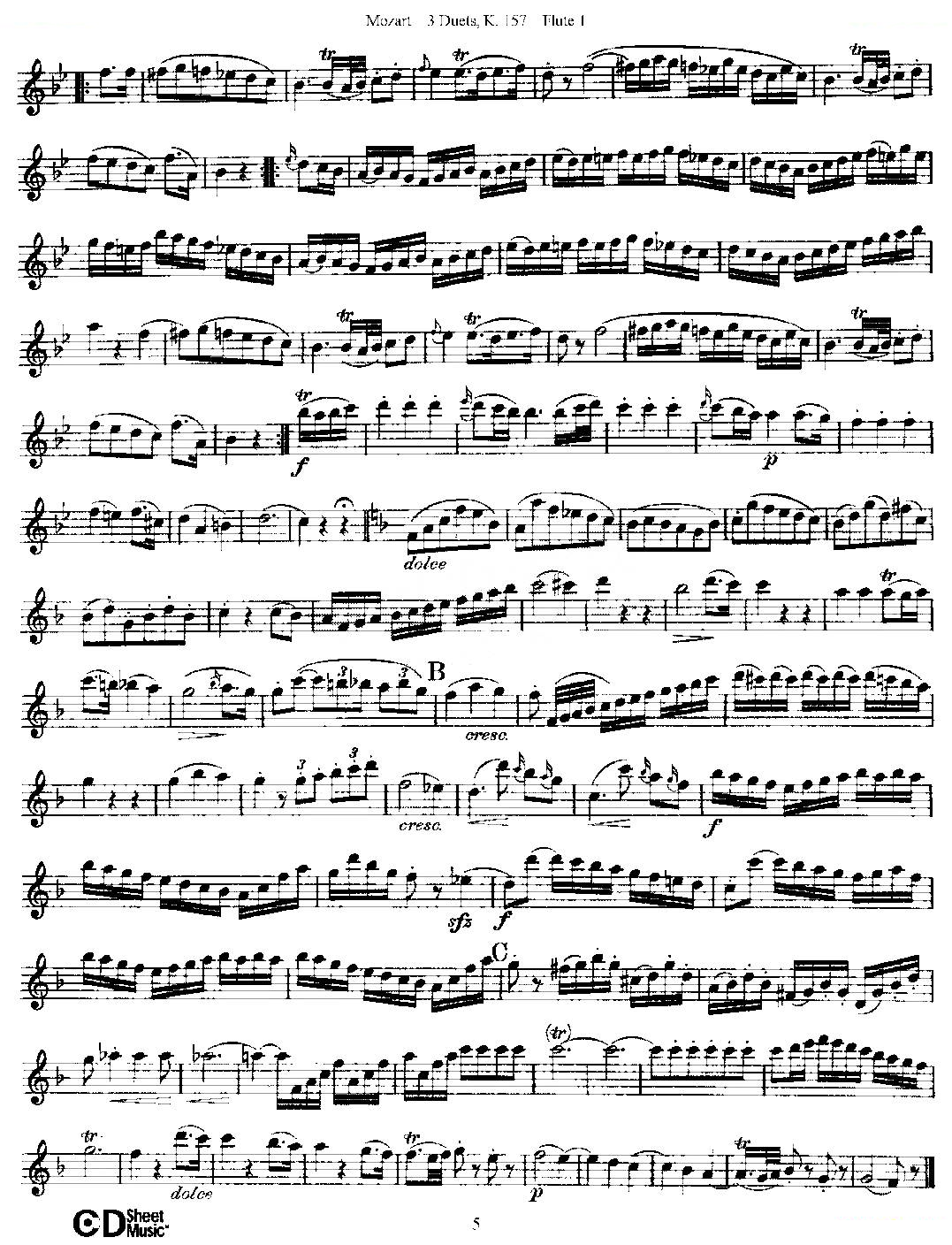 3 Duets K.157 之第一长笛（二重奏三首 K157号） 铜管乐谱