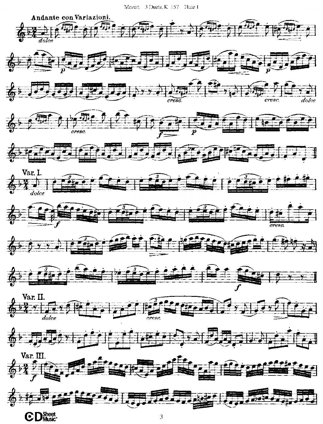 3 Duets K.157 之第一长笛（二重奏三首 K157号） 铜管乐谱