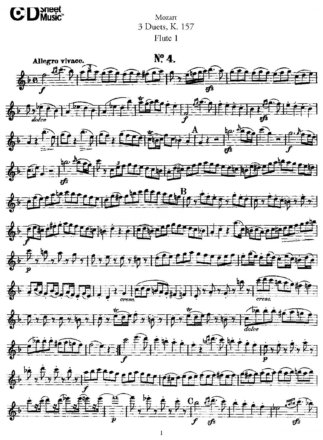 3 Duets K.157 之第一长笛（二重奏三首 K157号） 铜管乐谱