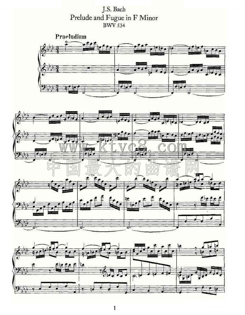 Prelude and Fugue in F Minor--BWV 534 （管风琴谱） 