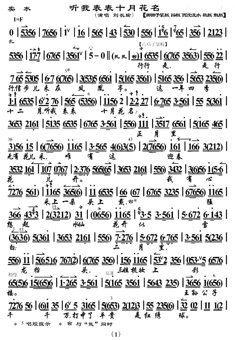 听我表表十月花名（卖水选段、琴谱） 京剧唱谱