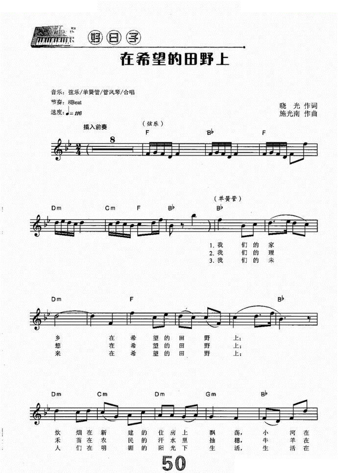 在希望的田野上（电子琴谱） 