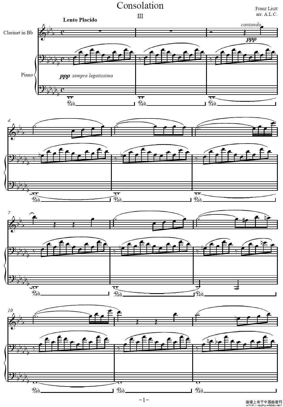 Consolation No.3（李斯特第三安慰曲）（单簧管+钢琴伴奏谱）P1