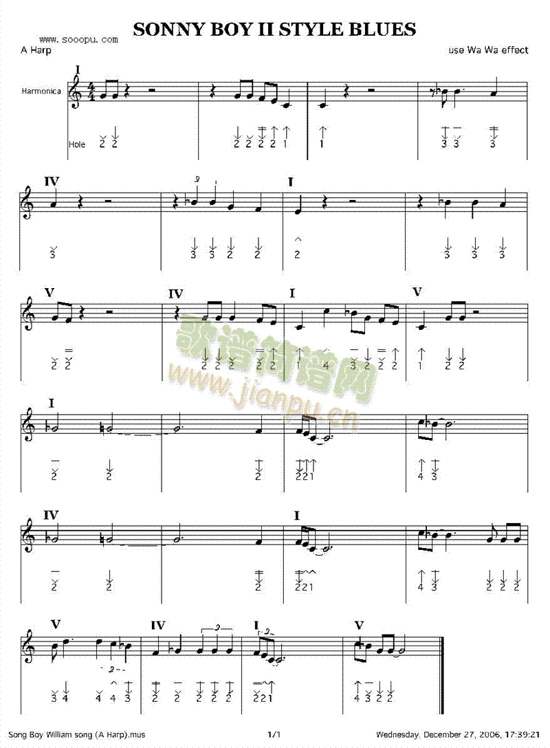 sonny boy style blues 口琴谱