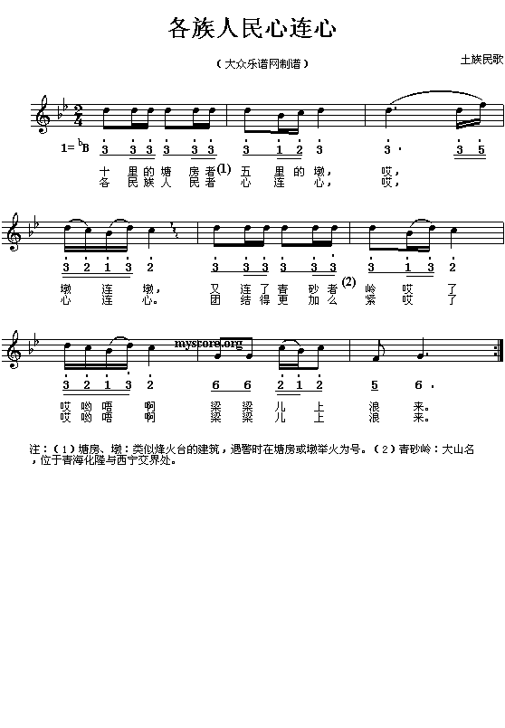 土族民歌:各族人民心连心(简线对照)