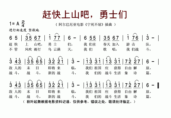 赶快上山吧，勇士们（阿尔巴尼亚电影宁死不屈插曲）