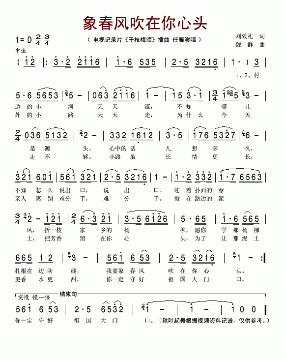 象春风吹在你心头（电视记录片干枝梅颂插曲）