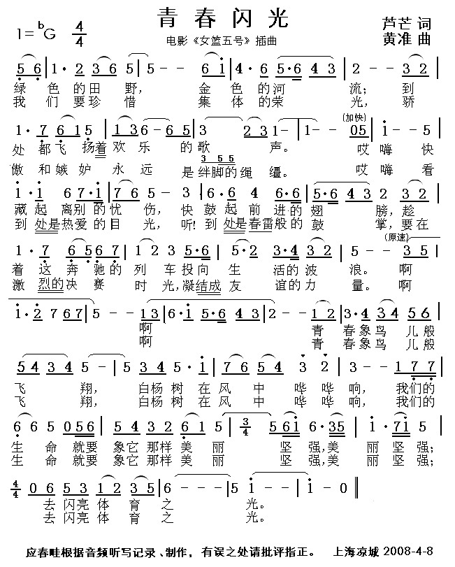 青春闪光（电影女篮五号插曲）