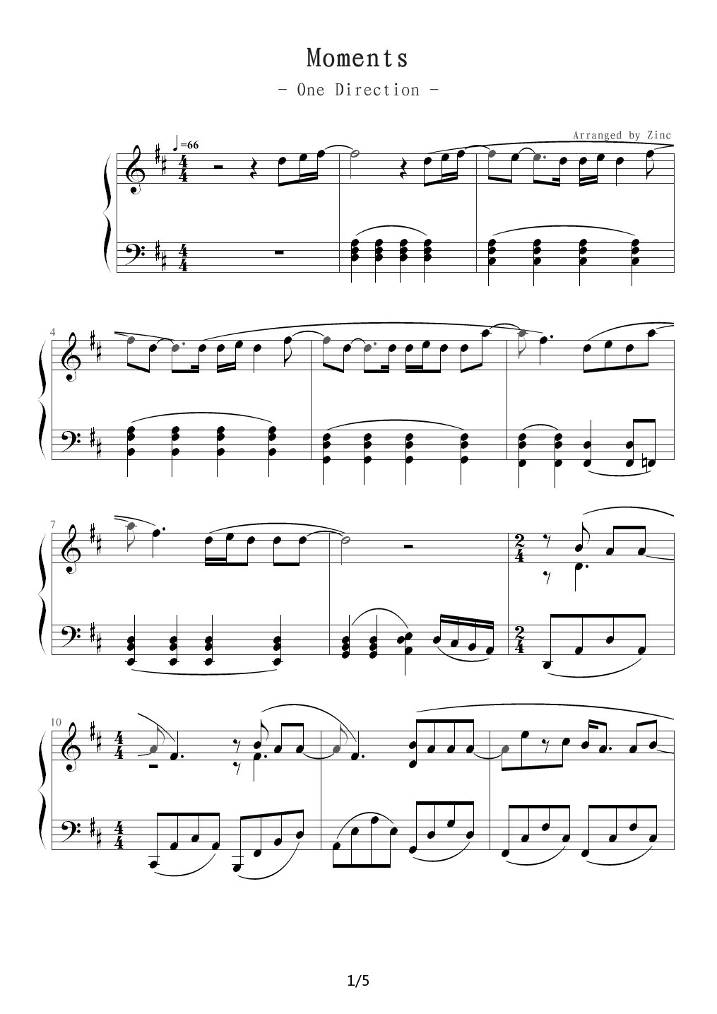 Moments（钢琴谱，One Direction） D调