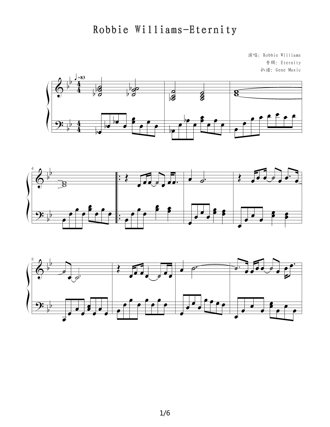 Robbie Williams-Eternity(钢琴谱) 降B调