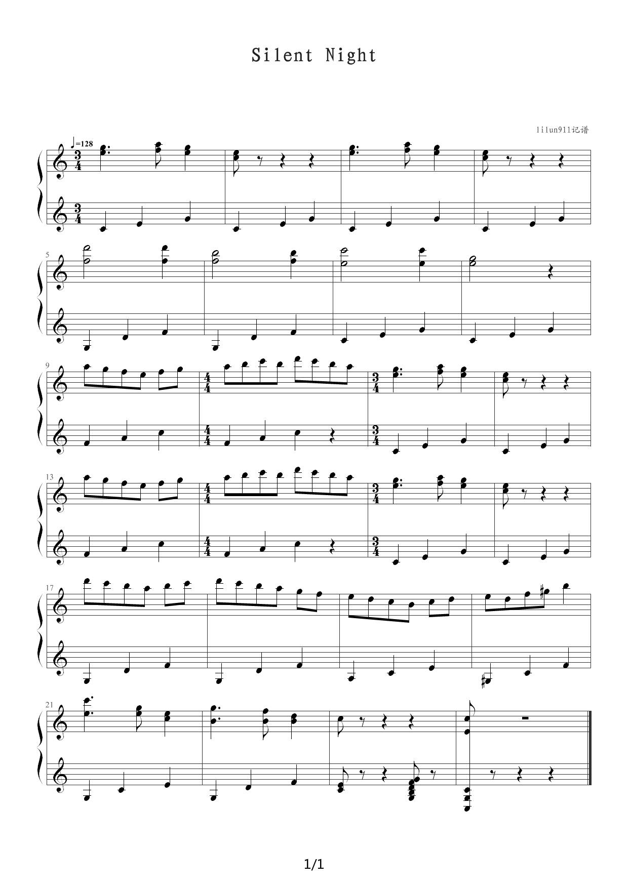 Silent Night（海上钢琴师插曲） C调