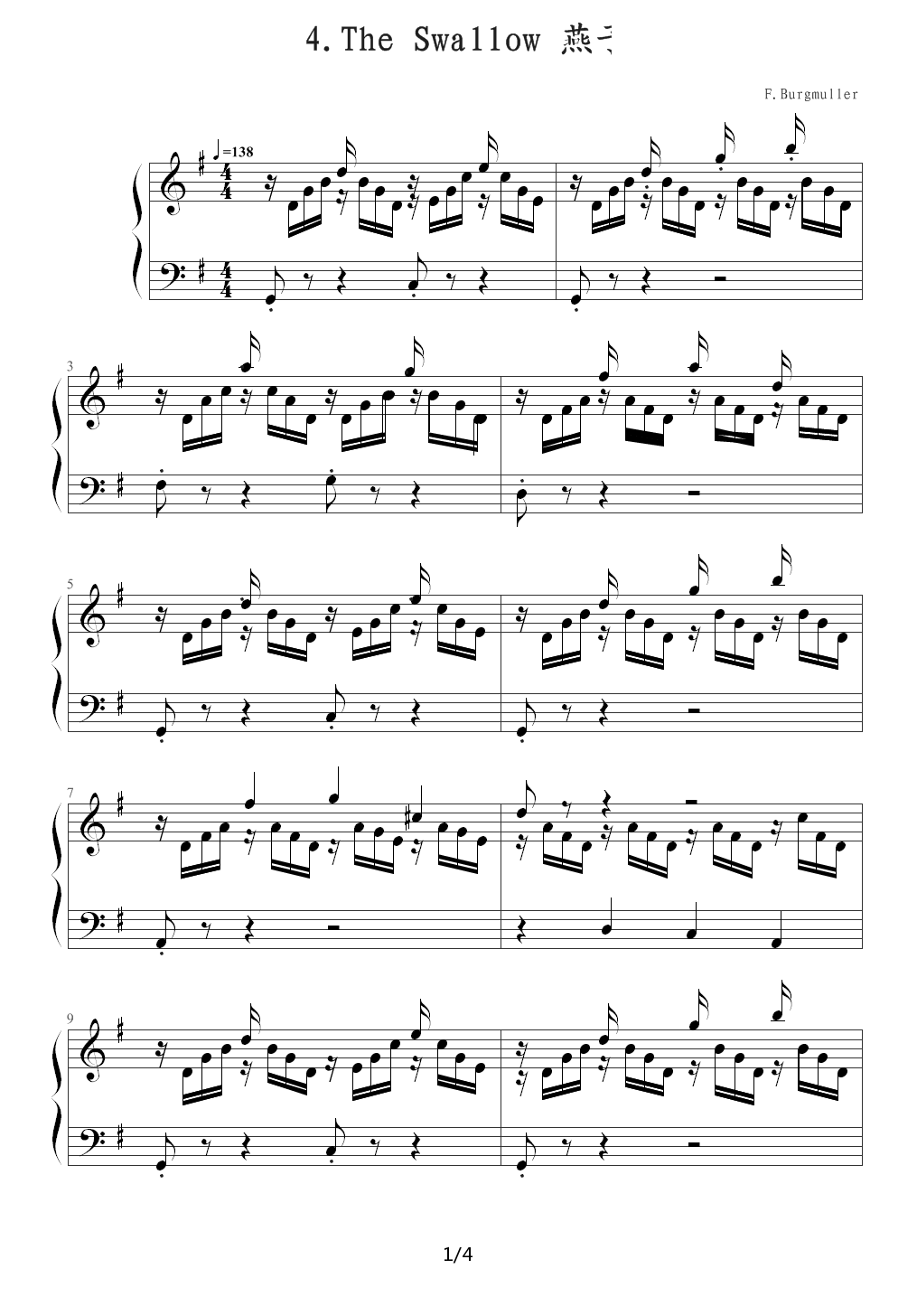 燕子（The Swallow，布格缪勒钢琴进阶25曲作品100第24首） G调
