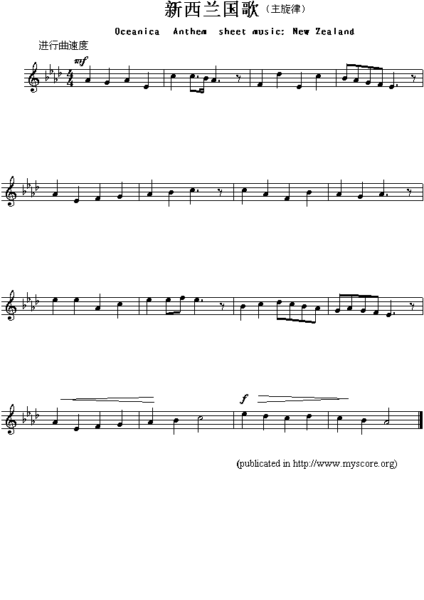新西兰国歌（Oceanica Anthem sheet music:New Zealand）