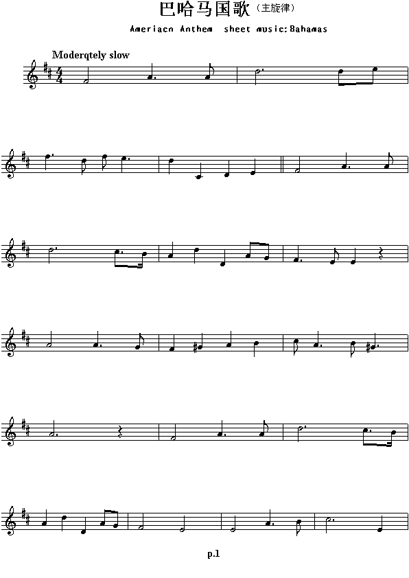 巴哈马国歌（Aeriacn Anthen sheet music:Bahamas）