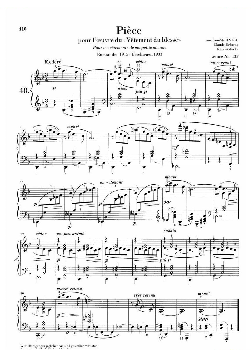 Debussy Piece (Vetements du blesse) 1915