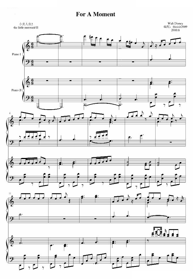 迪士尼【小美人鱼2】歌曲for a moment钢琴完整版