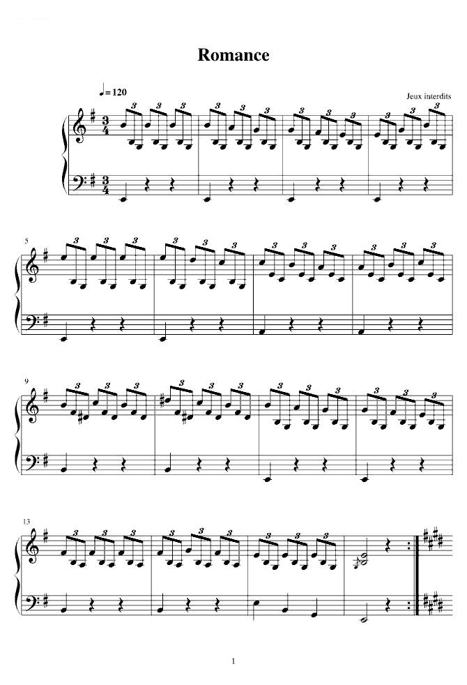 完全吉他原版钢琴Romance （Jeux interdits）