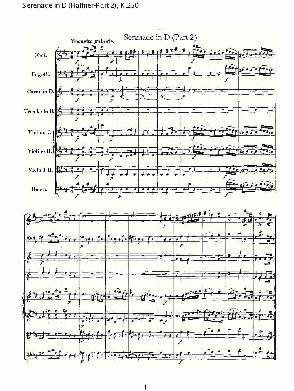 D调小夜曲(Haffner-第二部), K.250（一）