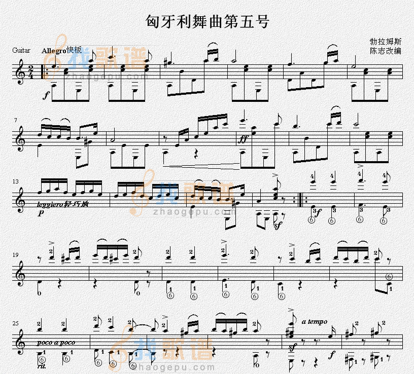 匈牙利舞曲第五号（经典版） 吉他独奏谱