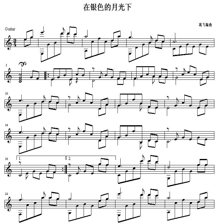 在银色的月光下 吉他独奏谱