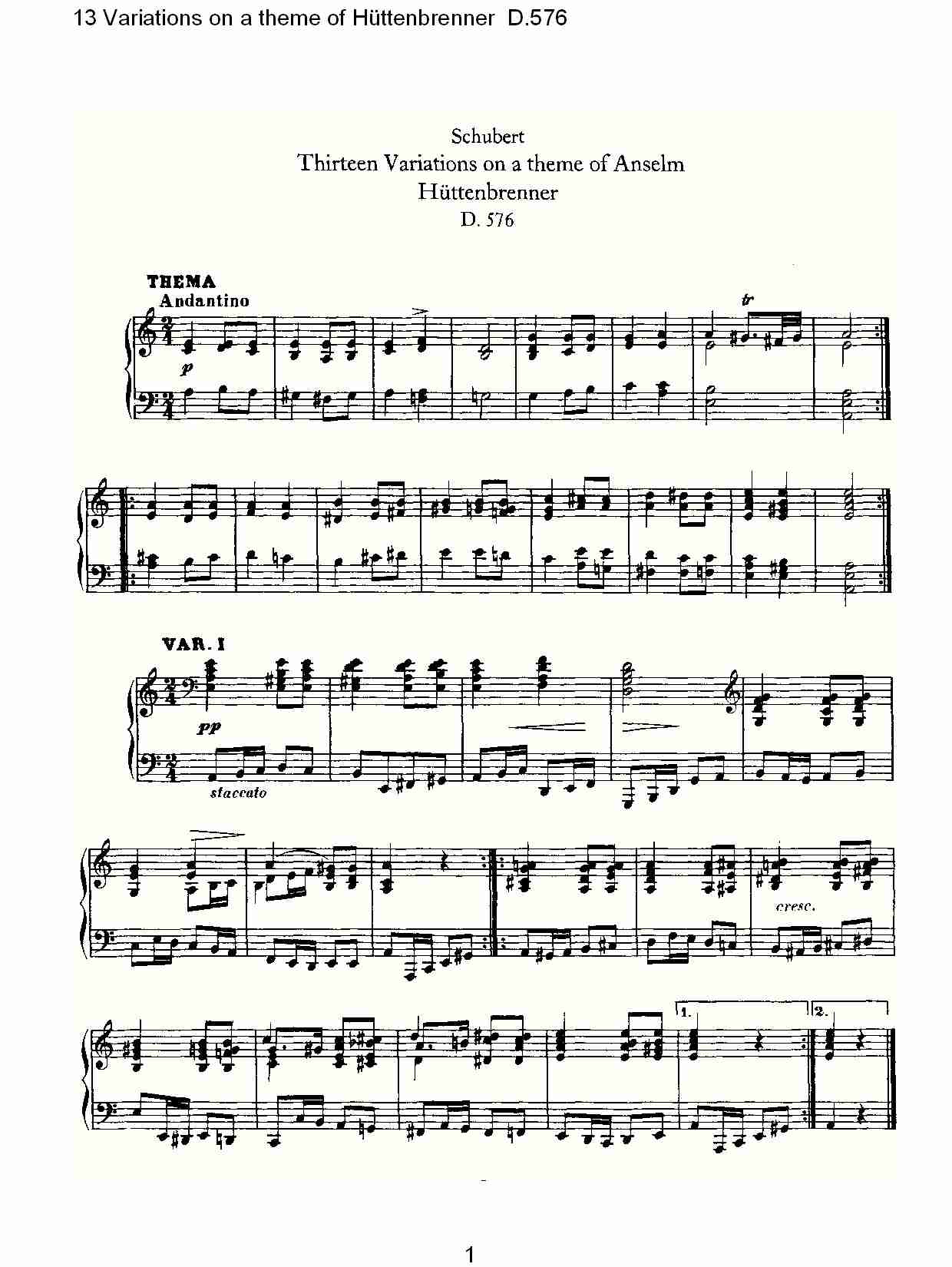 Hüttenbrenner主题13变奏曲D.576（一）