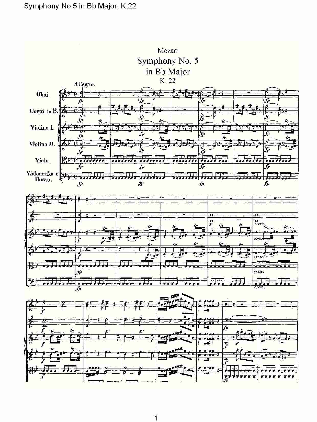 Bb大调第五交响曲K.22