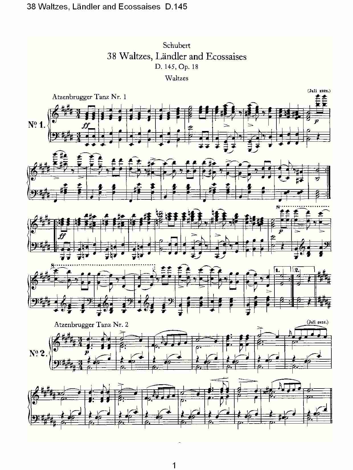 38华尔兹舞曲, Ländler and Ecossaises D.145（一）
