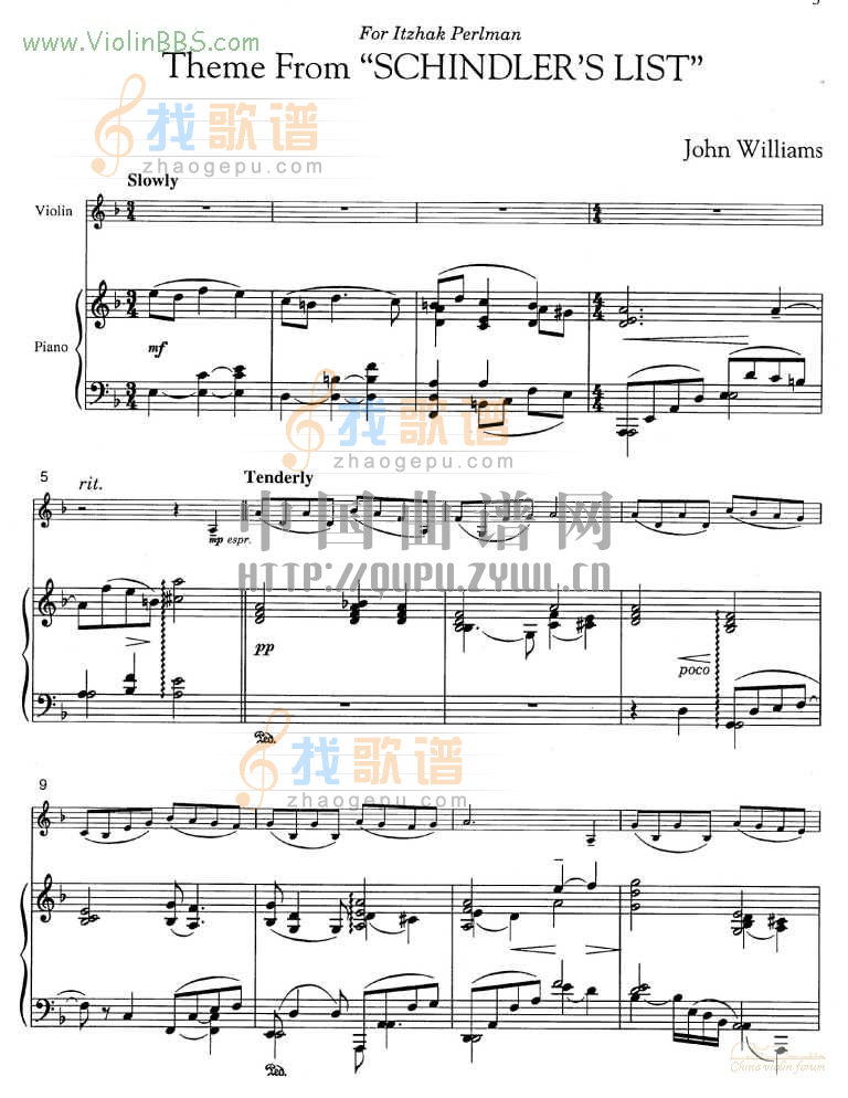 辛德勒名单 (约翰·威廉姆斯)主题曲+钢琴伴奏谱