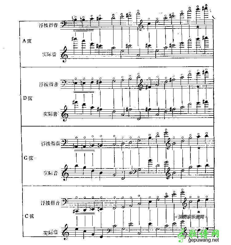 大提琴自然泛音谱表