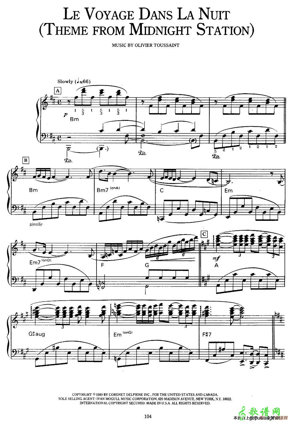 Le voyage dans la nuit (Theme from 'Midnight station')钢琴