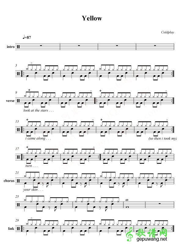 Coldplay - Yellow爵士鼓谱